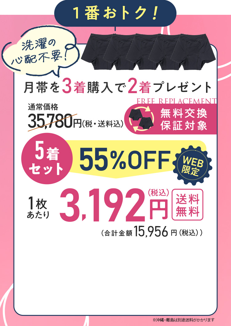 一番おトク!洗濯の心配不要!月帯を3着購入で2着プレゼント 通常価格57178円(税・送料込)5着セット 67%OFF 1枚あたり3396円(税込)送料無料 WEB限定 合計金額18678円 単品購入より1枚あたり5384円お得!
