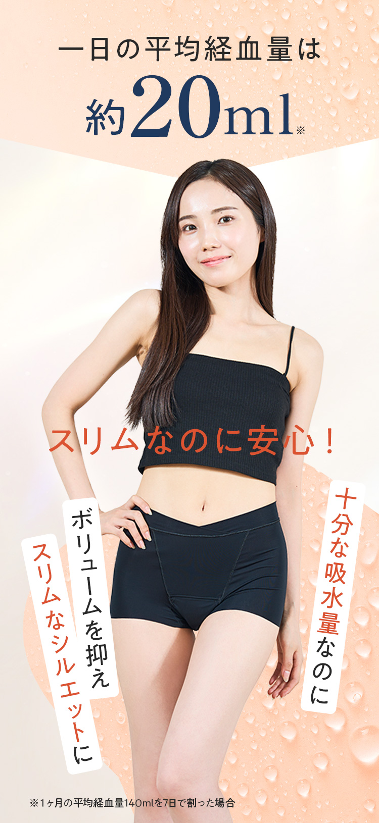 一日の平均経血量は約20ml 月帯の吸水量は40ml スリムなのに安心!